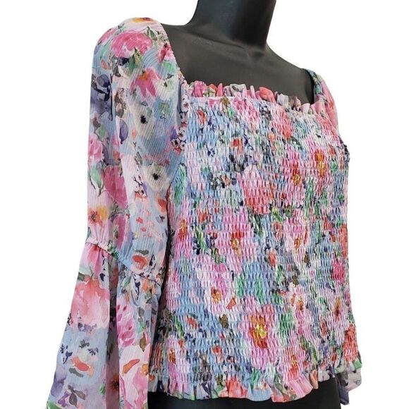 Lost & Wander Off The Shoulder Blouse Top Women's MEDIUM Blue Green Purple NEW - Picture 2 of 11